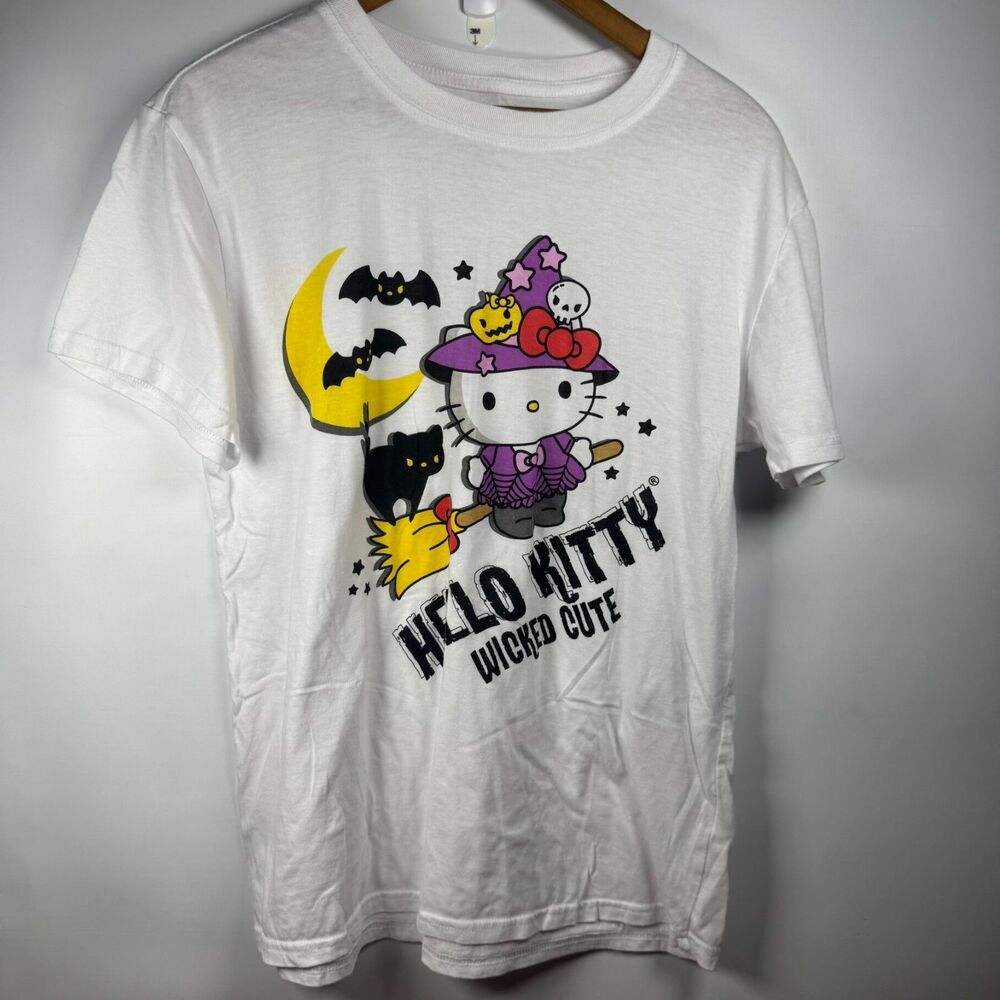 Hello Kitty Womens Medium Graphic T-Shirt White Halloween Short Sleeve Spooky